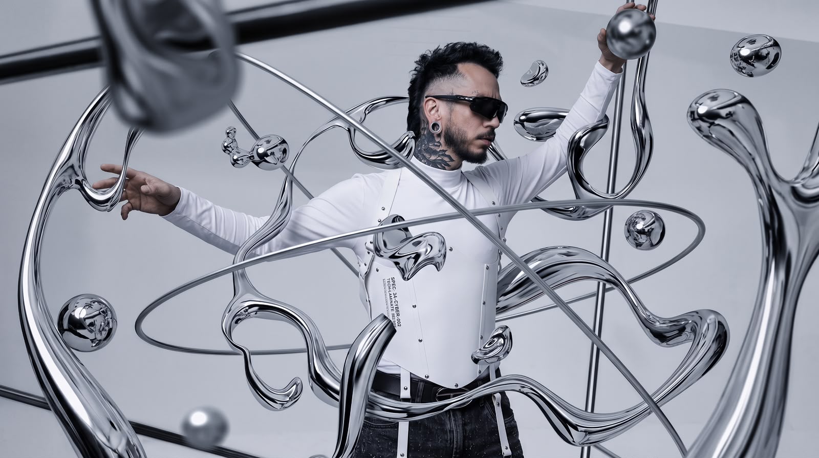 DJ AGGUS entre fragmentos verticais de espelho