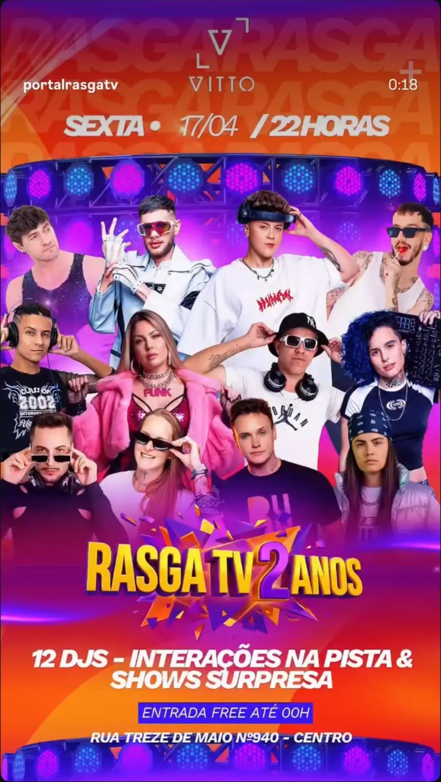 Flyer RASGA TV 2 ANOS na Vitto com 12 DJs incluindo AGGUS